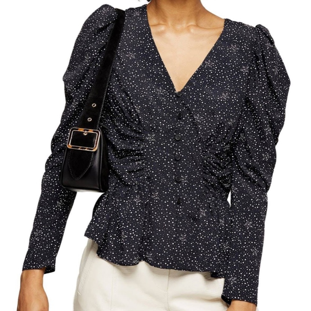 Topshop Star Print Puff Sleeve Blouse Black